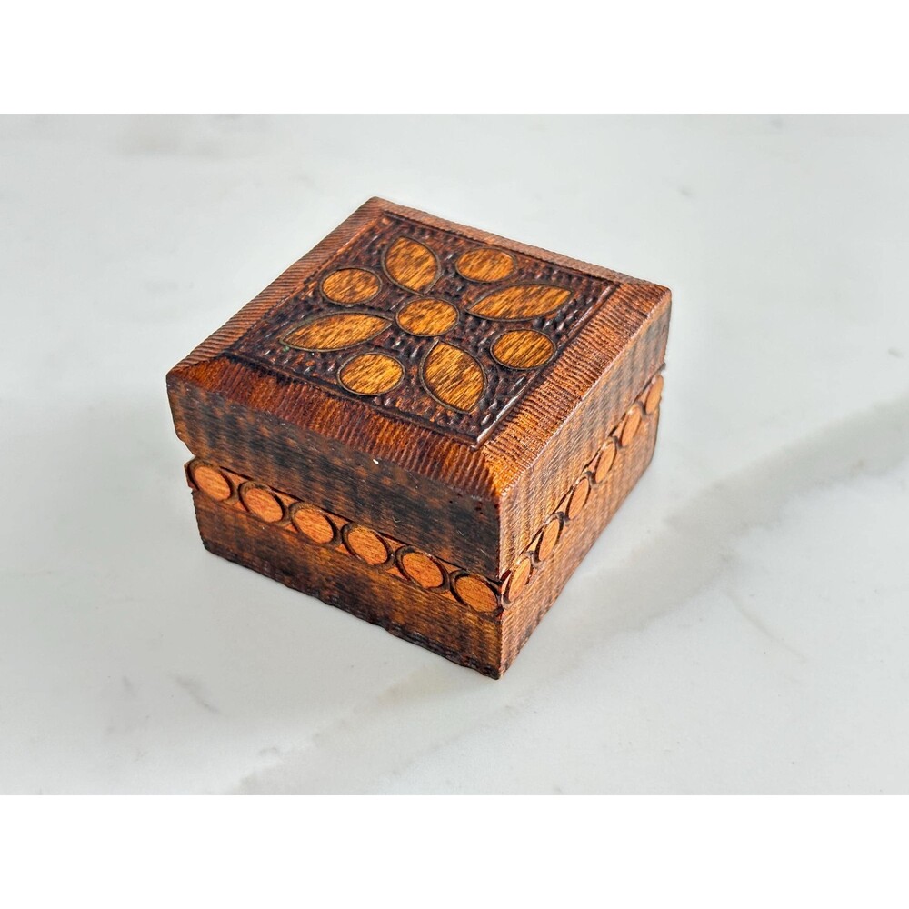 Vintage Polish Wood Trinket Box Mini Square Hand-Carved Jewelry Box - Folk Art